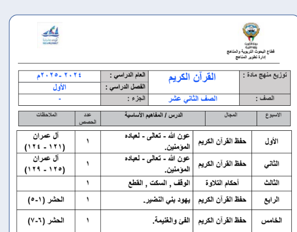 توزيع القران الثاني عشر الجزء الاول الكويت 2026 pdf