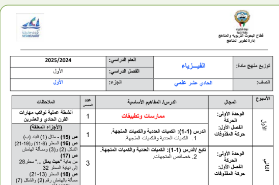 توزيع الفيزياء الحادي عشر جزء اول الكويت 2026 pdf
