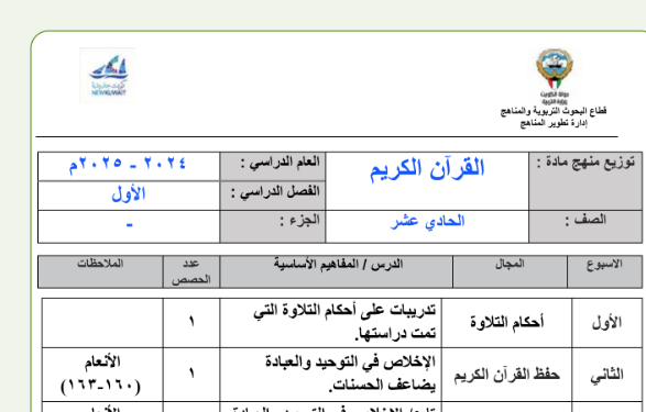 توزيع القران الحادي عشر الجزء الاول الكويت 2026 pdf