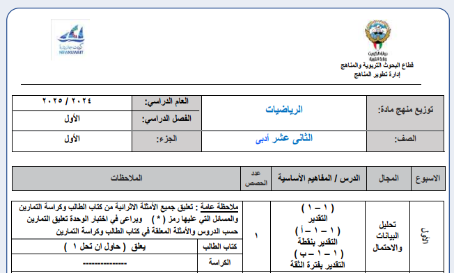 توزيع الاحصاء ثاني عشر الجزء الاول الكويت 2026 pdf